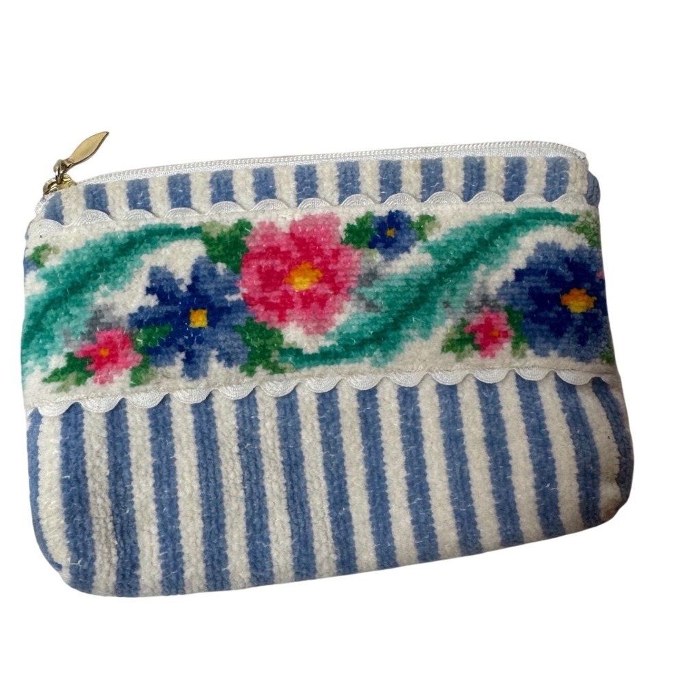 Feiler Germany Chenille Tapestry Pouch Blue White Striped Floral Cosmetic Bag